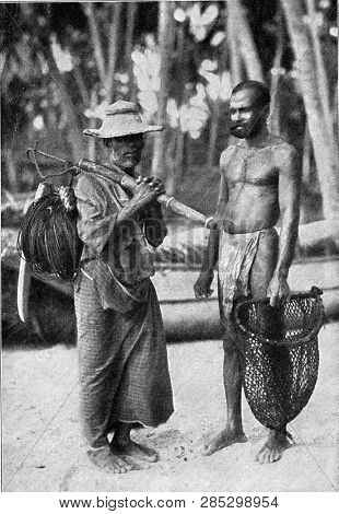 Sinhalese fishermen, vintage engraved illustration. From the Universe and Humanity, 1910.