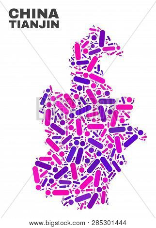 Mosaic Tianjin City Map Isolated On A White Background. Vector Geographic Abstraction In Pink And Vi