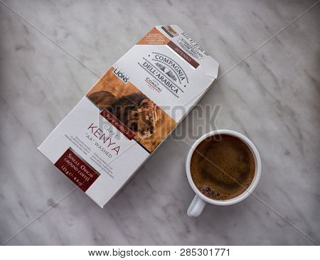 GOMEL, BELARUS - FEBRUARY 10, 2019: Coffe Caffe Corsini. Caffe Corsini was founded in 1950 in Arezzo, by Corsino Corsini. 