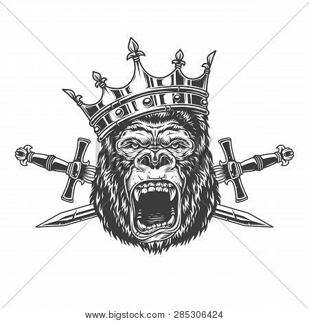 Ferocious Gorilla King Head In Crown With Crossed Daggers In Vintage Monochrome Style Isolated Vecto
