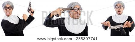 Man in nun dress with handgun 
