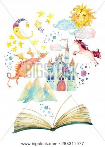 Watercolor Open Book With Magic World Isolated On White Background. The Whole Fairy Tale In Book: St