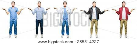 Collage of attractive young man over white isolated background Smiling showing both hands open palms, presenting and advertising comparison and balance