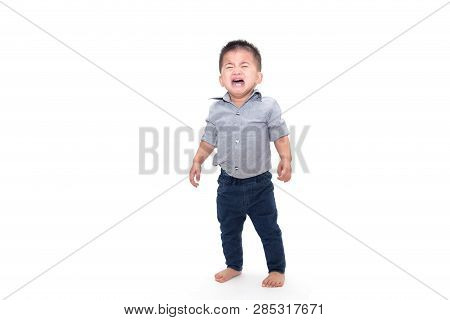 Crying Baby Boy And Wearing Business Shirt Isolated On White Background