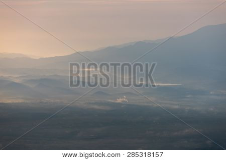 Beautiful Mountain And Morning Sunrise Over The Sea Of Mist. Mon Sone View Point , Doi Pha Hom Pok N