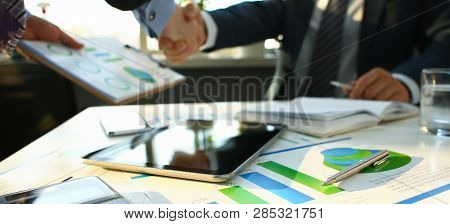 Businessman In Sut Hand Shake In Ofiice Closeup. Introduce Manager Job Man Risk Chart Paper How Deal