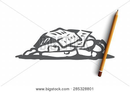 Homeless, Sleep, Outdoor, Poor, Miserable Concept. Hand Drawn Homeless Man Sleeping Outdoor Concept 