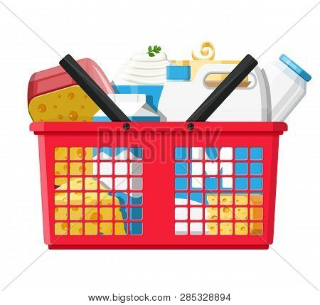 Milk Products Set In Plastic Shopping Basket With Cheese, Cottage And Butter. Dairy Food. Tradiciona