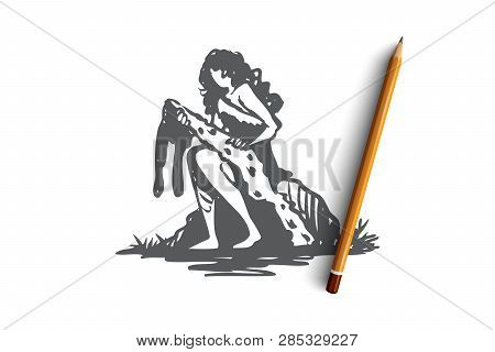 Primitive, Woman, Pelt, Stone, Age Concept. Hand Drawn Primitive Woman Sitting On Stone With Pelt Of