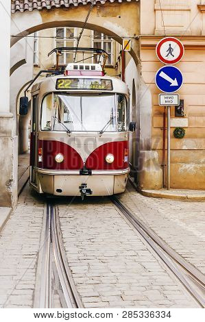 Old Red Tram In The Old Streets Of Prague