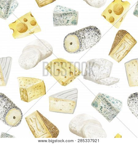 Hand Drawn Seamless Pattern With Cheese  On White Background. Vegetarian Healthy Food. Watercolor Il