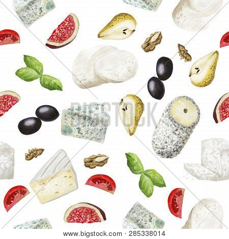 Hand Drawn Seamless Pattern With Cheese  On White Background. Vegetarian Healthy Food. Watercolor Il