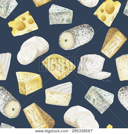 Hand Drawn Seamless Pattern With Cheese  On White Background. Vegetarian Healthy Food. Watercolor Il