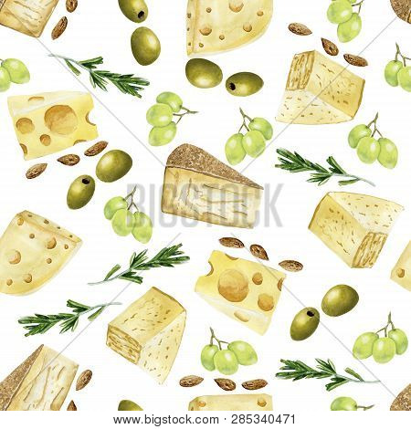 Hand Drawn Seamless Pattern With Yellow Cheese On White Background. Vegetarian Healthy Food. Waterco