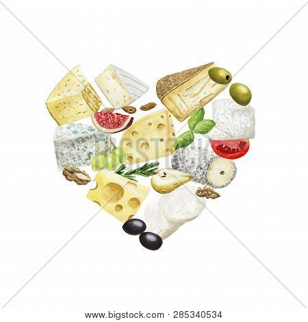 Hand Drawn Cheese Heart Isolated On White Background. Vegetarian Healthy Food. Watercolor Illustrati