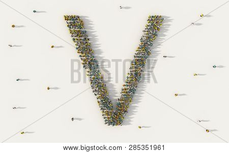 Large Group Of People Forming Letter V, Capital English Alphabet Text Character In Social Media And 