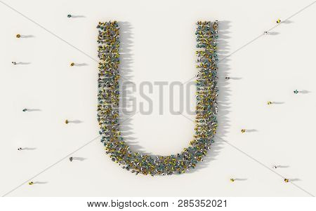 Large Group Of People Forming Letter U, Capital English Alphabet Text Character In Social Media And 