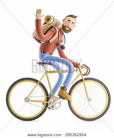 3d Illustration. Cartoon Character Tourist Ride On Bicycle.
