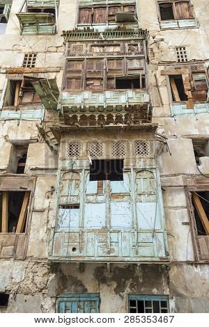 Old City In Jeddah Saudi Arabia Known As Historical Jeddah. Old And Heritage Windows And Doors In Je