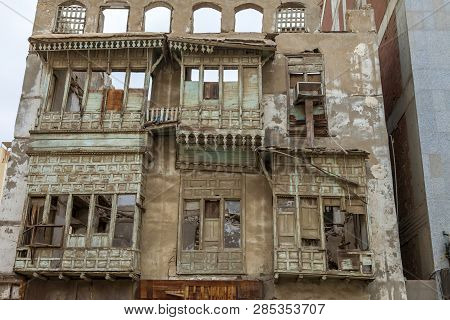 Old City In Jeddah Saudi Arabia Known As Historical Jeddah. Old And Heritage Windows And Doors In Je