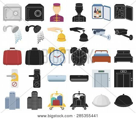 Hotel And Equipment Cartoon, Black Icons In Set Collection For Design. Hotel And Comfort Vector Symb