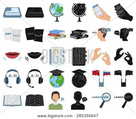 Translator And Linguist Cartoon, Black Icons In Set Collection For Design. Interpreter Vector Symbol