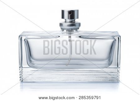 Front view of e mpty perfume bottle isolated on white