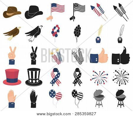 Day Of Patriot, Holiday Cartoon, Black Icons In Set Collection For Design. American Tradition Vector
