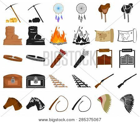 Attributes Of The Wild West Cartoon, Black Icons In Set Collection For Design.texas And America Vect