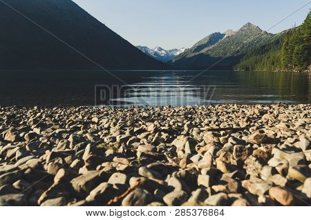 Landscape With The Image Lake And The Mountains In Altai. Warm Sunny Day In Siberia. Crystal Clear W