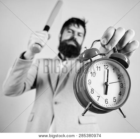 Discipline And Sanctions. Boss Aggressive Face Hold Alarm Clock. Destroy Or Turn Off. Man Suit Hold 