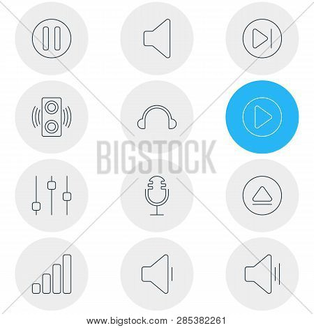Vector Illustration Of 12 Music Icons Line Style. Editable Set Of Megaphone, Play, Eject And Other I