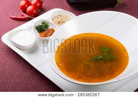 Kharcho Soup Served For Lunch With Some Ingredients