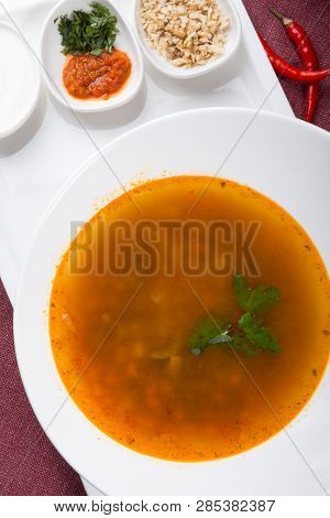 Kharcho Soup Served For Lunch With Some Ingredients