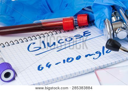 Glucose Or Sugar In Serum Or Blood In Basic Metabolic Test. Laboratory Test Tubes With Blood, Stetho