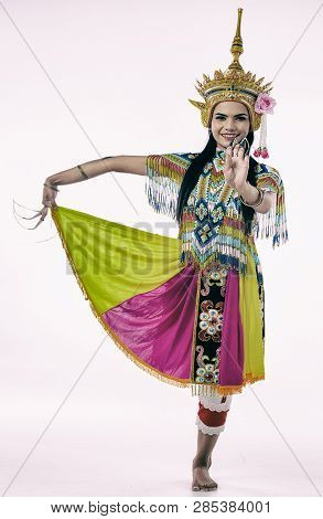 The Labstract Art Design Background Of Ady Is Wearing Southern Thai Classical Dancing Suit,posing Ba