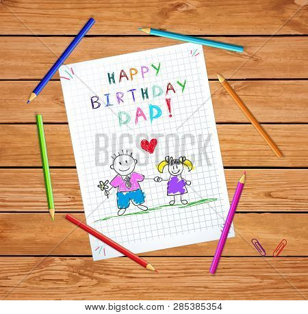 Happy Birthday Dad. Children Colorful Hand Drawn Vector Illustration Of Father And Daughter Together