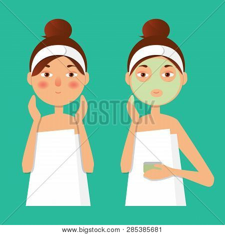Beautiful Girl Inflicts A Mask Of Clay Or Cream On The Face. Beauty, Body Care Concept. Vector Illus