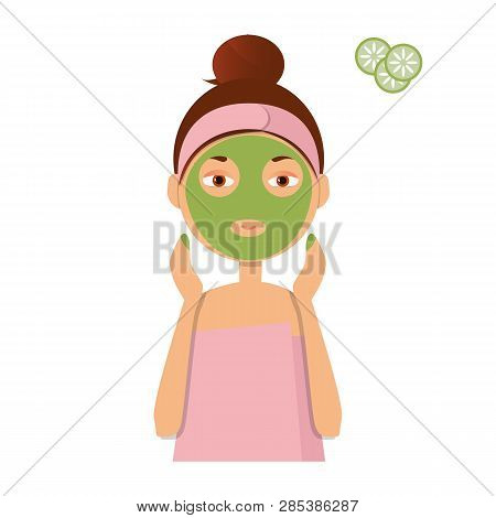 Beautiful Girl Inflicts A Mask Of Clay Or Cream On The Face. Beauty, Body Care Concept. Vector Illus