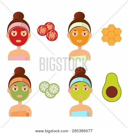 Beautiful Girl Inflicts A Mask Of Clay Or Cream On The Face. Beauty, Body Care Concept. Vector Illus