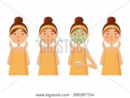 Vector Illustration. Beautiful Girl Inflicts A Mask Of Clay Or Cream On The Face. Beauty, Body Care 