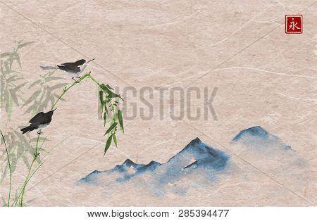 Bird, Bamboo Branch And Mountain, Hand-drawn With Ink In Traditional Japanese Style Sumi-e. Vector I