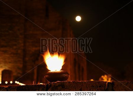 Lantern Fire Worship On Oil At Mahaeyong Temple In Thailand