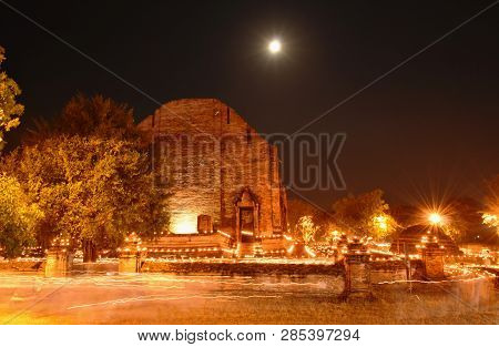 Candlelight Procession On Buddhist Day At Mahaeyong Temple In Thailand