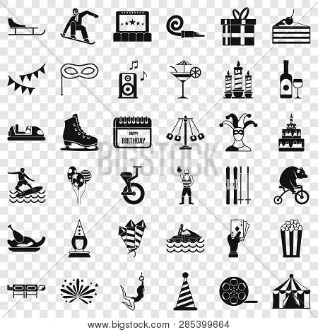 Amusement Icons Set. Simple Style Of 36 Amusement Vector Icons For Web For Any Design