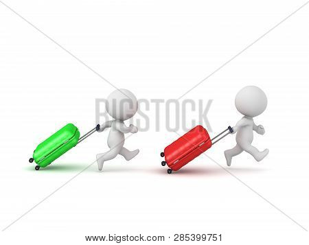 Two 3D Characters Running With Travel Luggage