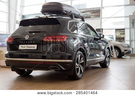 Russia, Izhevsk - February 15, 2019: Showroom Volkswagen. New Touareg In Dealer Showroom.