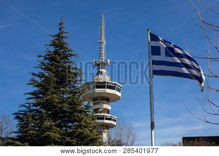 Greek Flag And Ote Tower Landmark