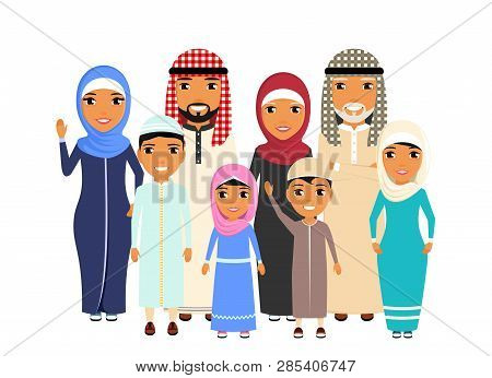 Large Family Of Ethnic Arabs. Are Worth In Different Poses. All Family Members Smile. Grandmother, G