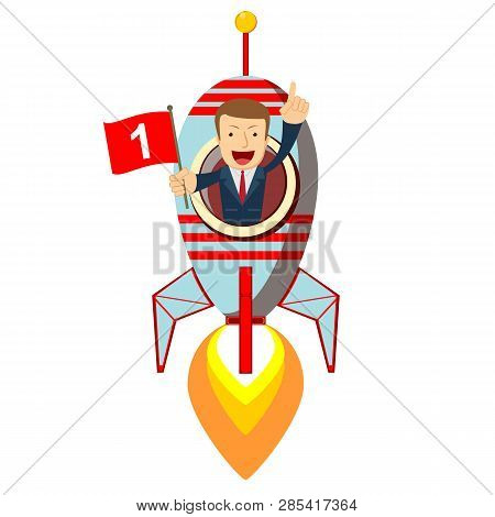 Happy Businessman On A Rocket Ship Launching To Starry Sky. Start Up Business Concept. Stock Flat Ve